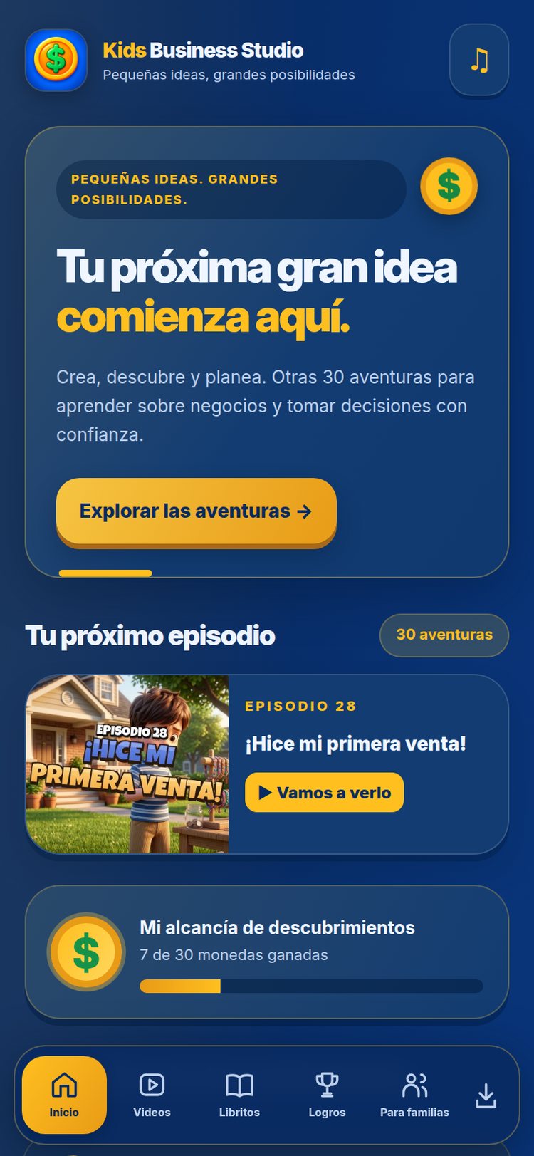 Conoce el Kids Business Studio — pantalla real de la aplicación