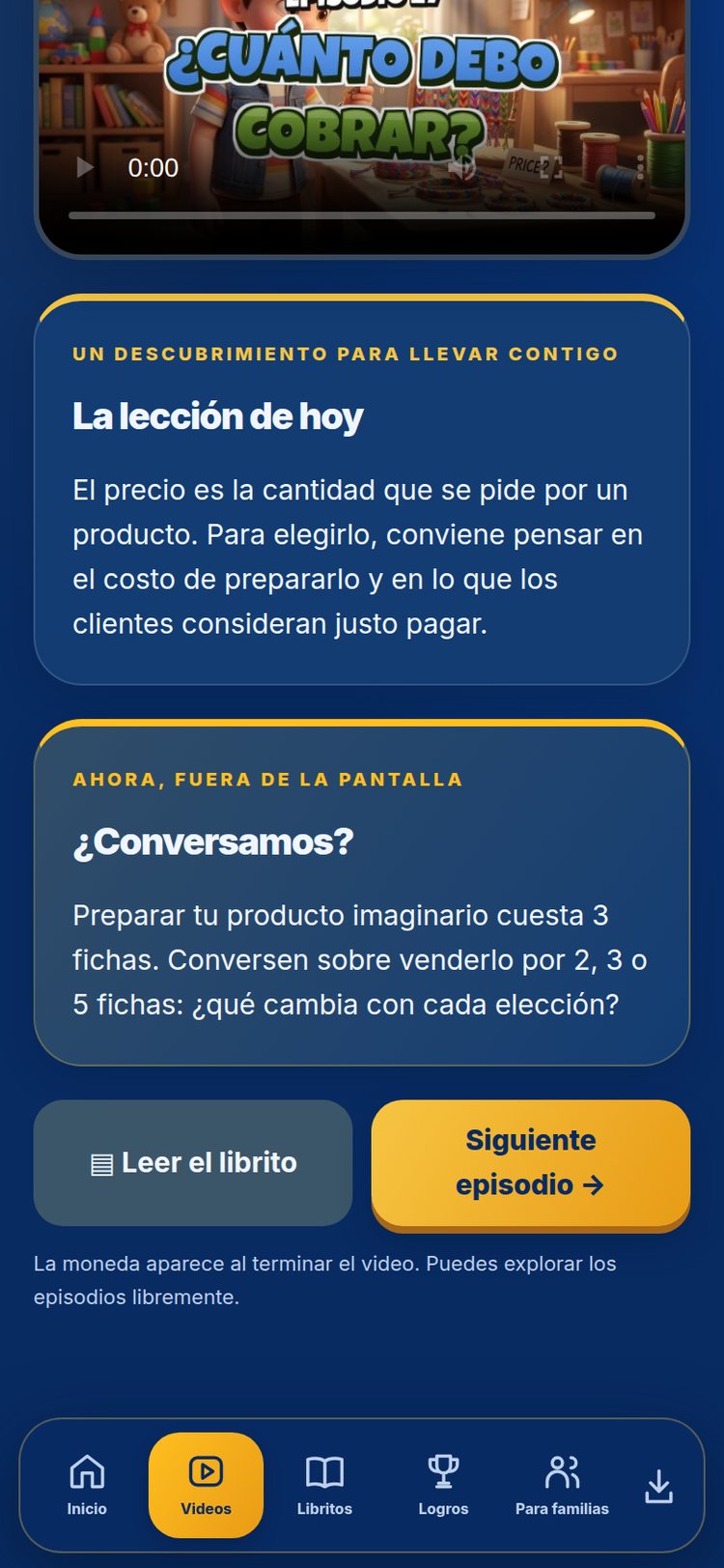 Pantalla real de la aplicación: lección y actividad del episodio