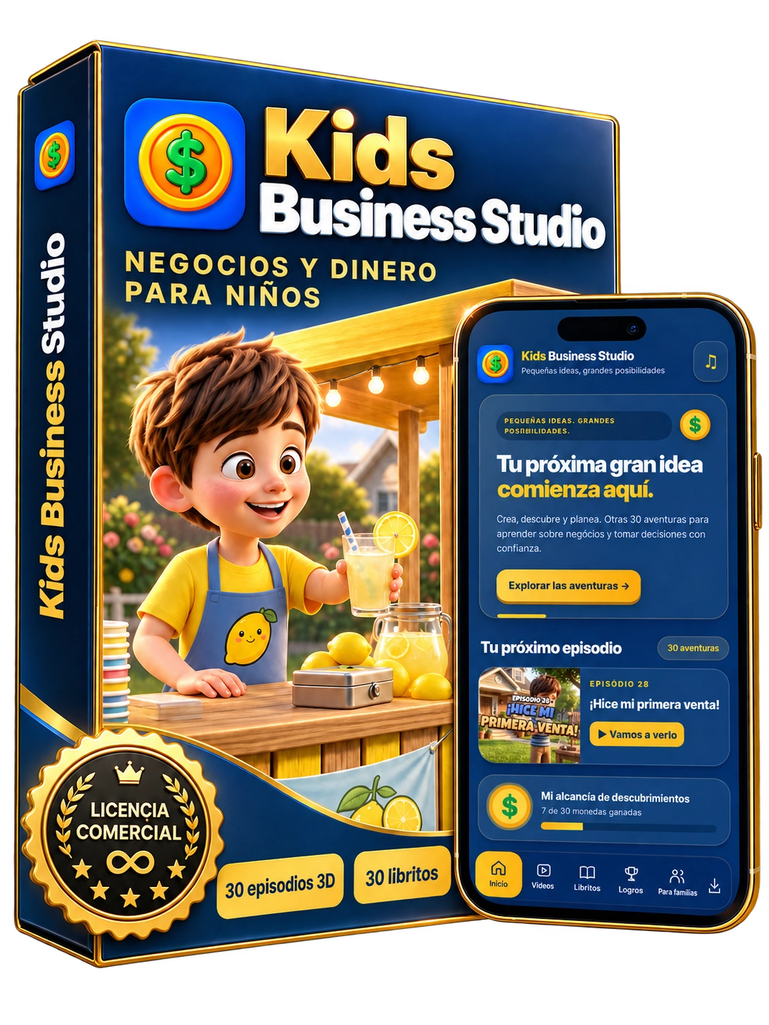 Kids Business Studio: caja del producto, aplicación en el celular, personalizador y licencia comercial